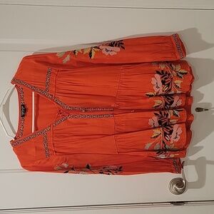 TOPSHOP Boho Embroidered Floral Blouse - Coral/Orange